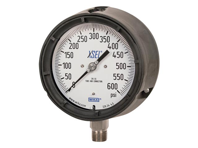 Wika 9834834 Industrial XSEL® Process Dry Pressure Gauge Model 232.34 4-1/2 Dial 100 PSI 1/2 NPT Lower Mount Black Thermoplastic Case