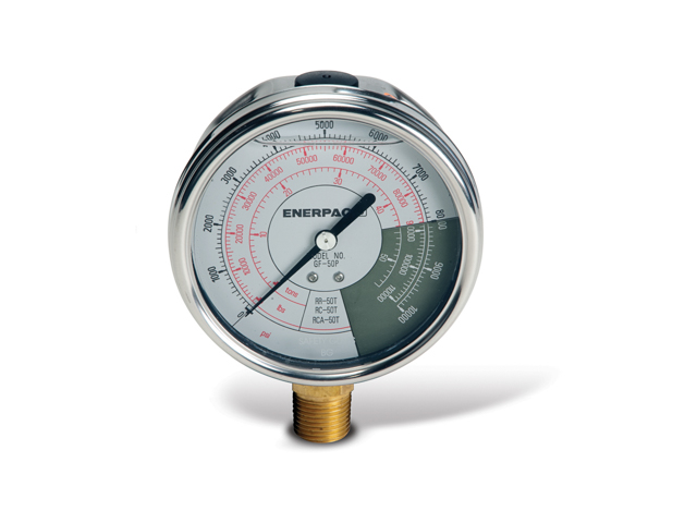 GF-5P Enerpac GF-5P Liquid-filled Hydraulic Force and Pressure Gauge 4 Inch Dial 0-10000 PSI, 0-10000 LBS, 0-5 Tons 1/2 NPTF Bottom Mount Stainless Steel